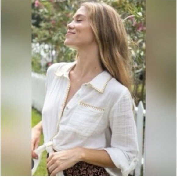 Natural Life Large White Ivory Button-Up Gauze Crop Top Shirt Beachy Embroidered - Picture 1 of 10